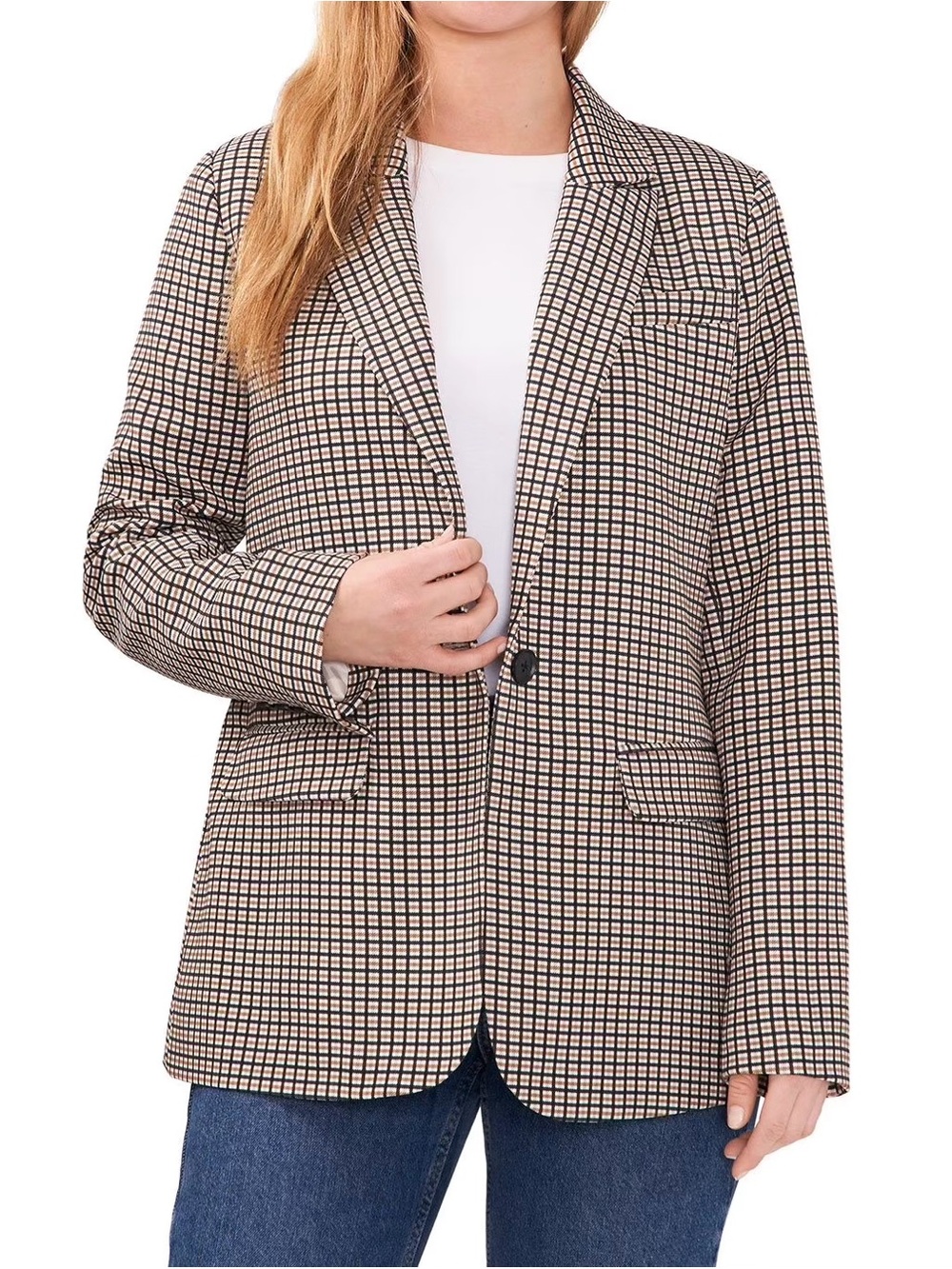 Vince Camuto Long Plaid Blazer Size XL Relaxed Tailored Stretch Jacket Preppy